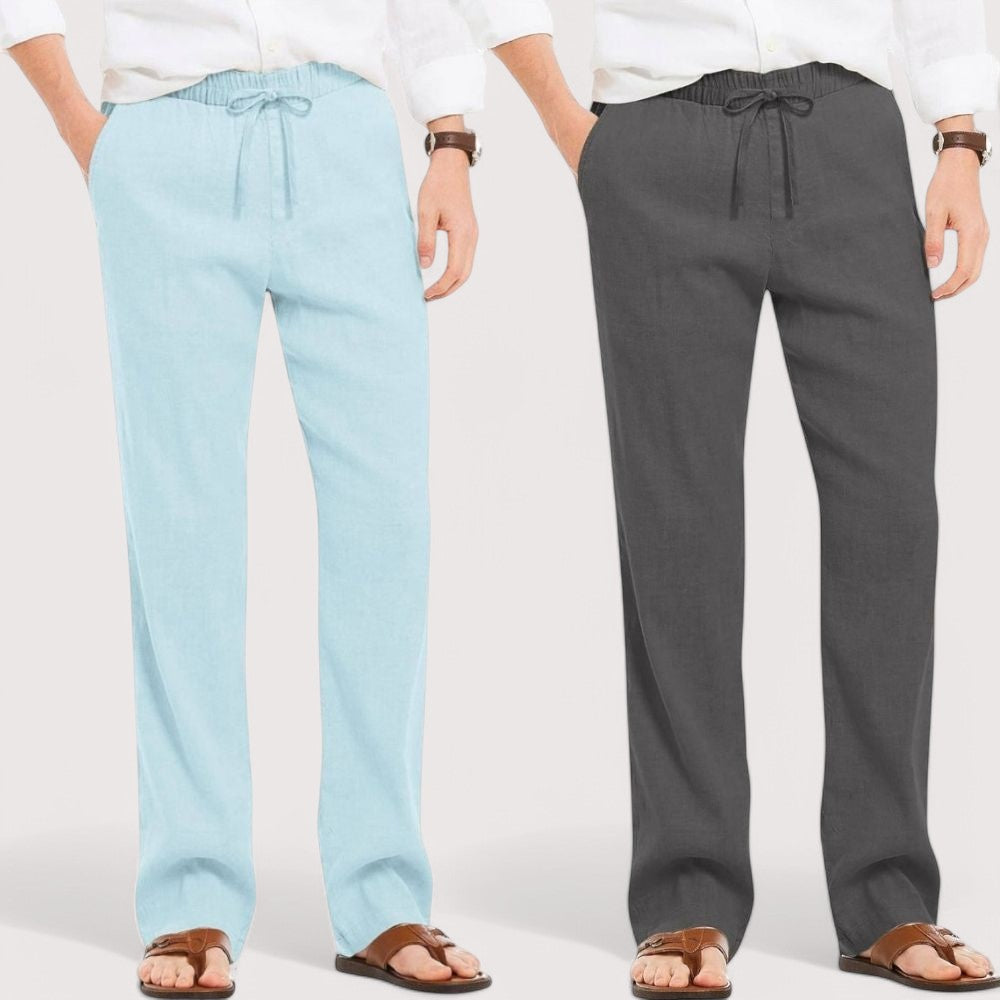 Combo of 2 Linen Loose Fit Men Pant Sky Blue and Dark Gray-49552