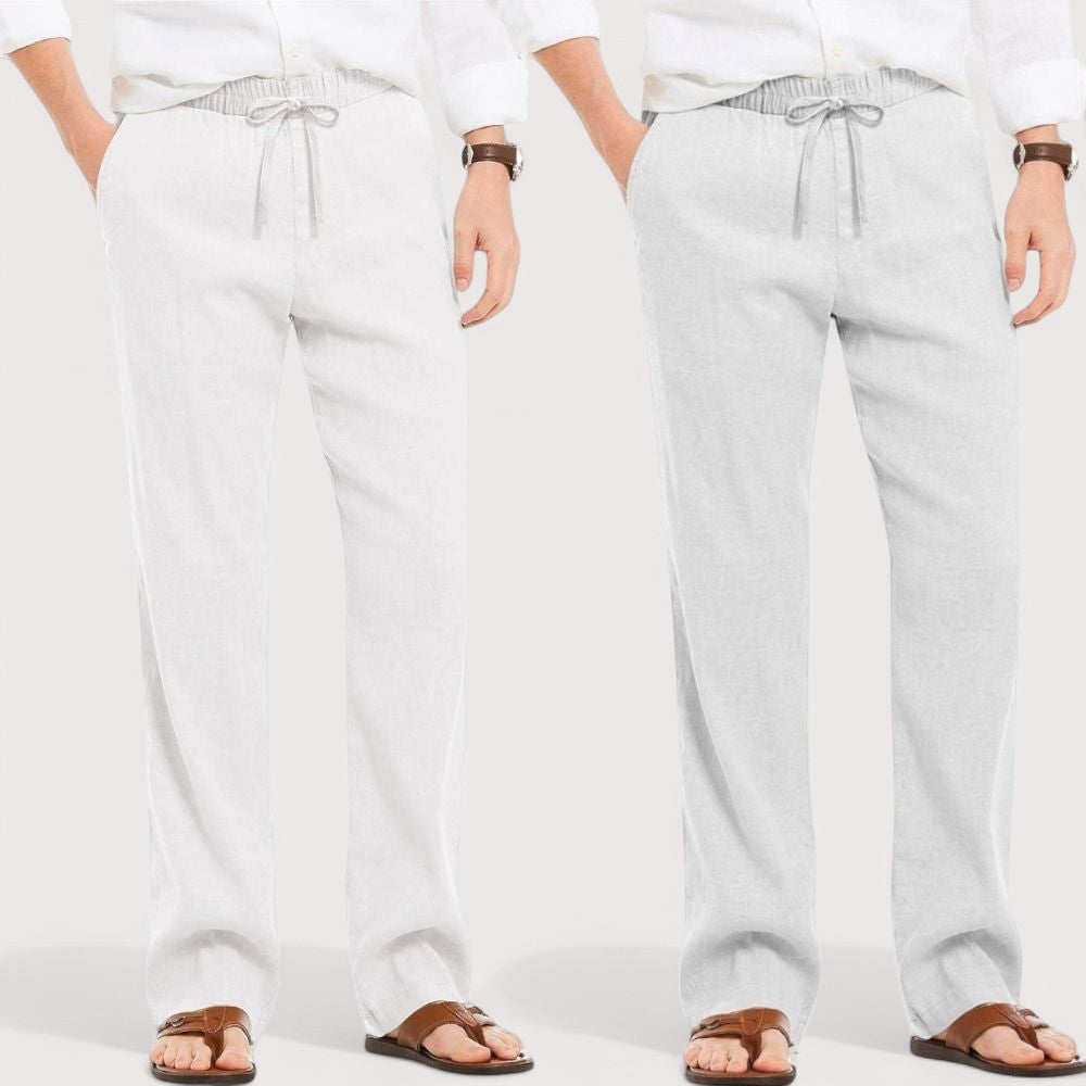 Combo of 2 Linen Loose Fit Men Pant White and Light Gray-49533
