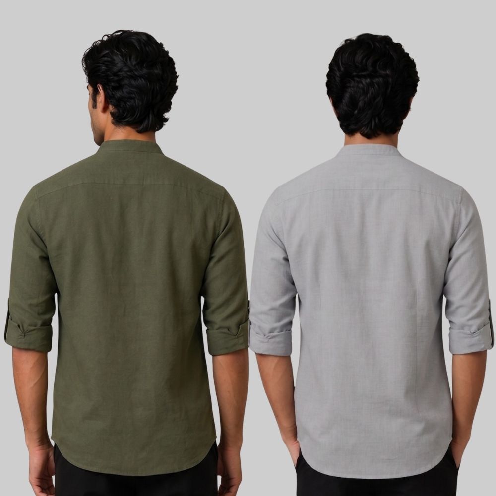 Combo of 2 Linen Solid Short Kurta Army Green and Off White-51101