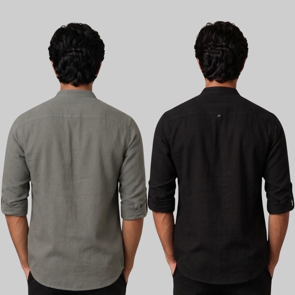 Combo of 2 Linen Solid Short Kurta Gray and Black-51063