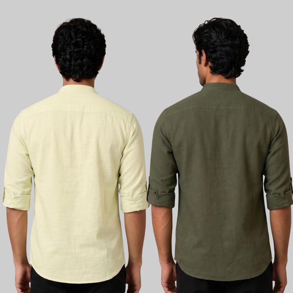 Combo of 2 Linen Solid Short Kurta Light Yellow and Army Green-51093