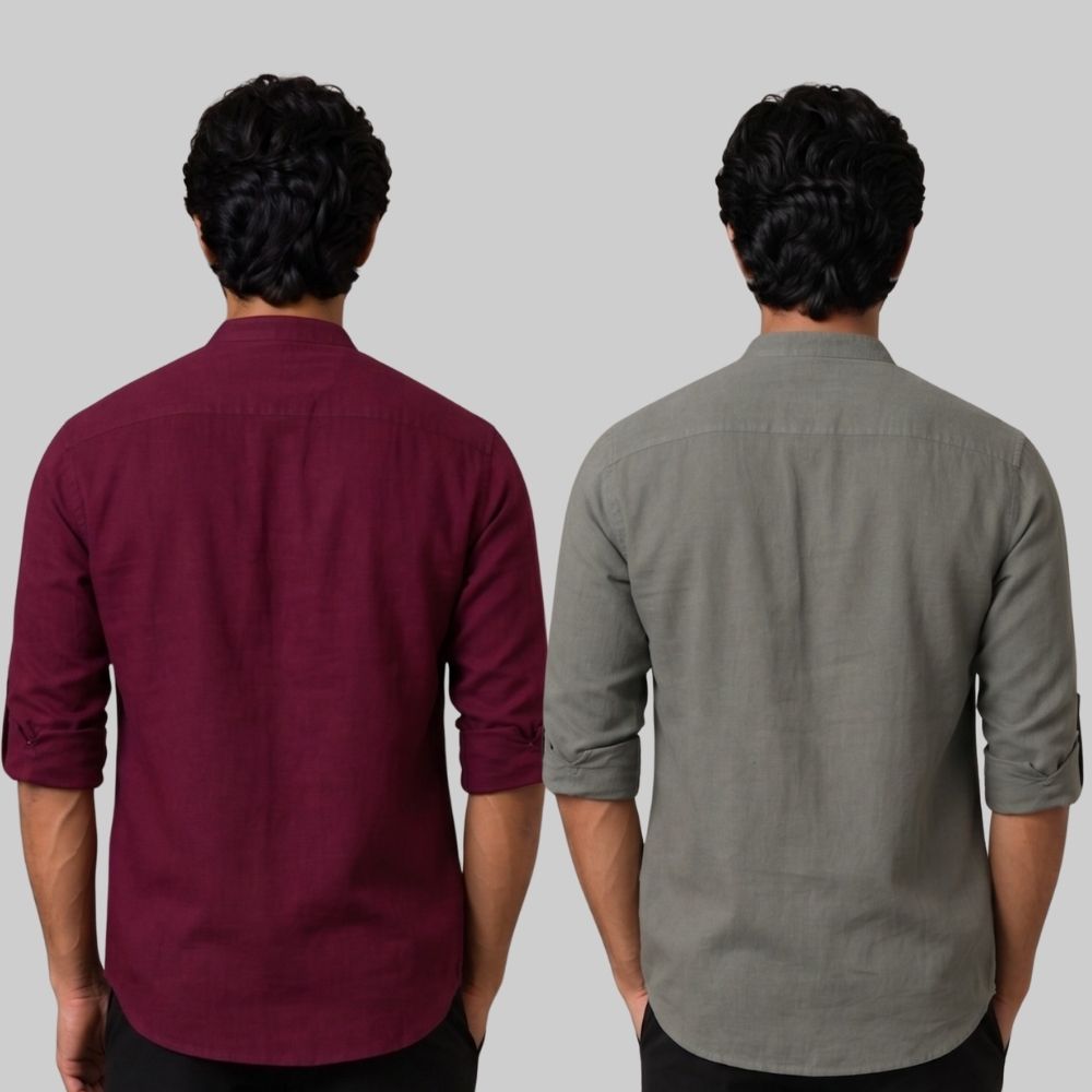 Combo of 2 Linen Solid Short Kurta Maroon and Gray-51053