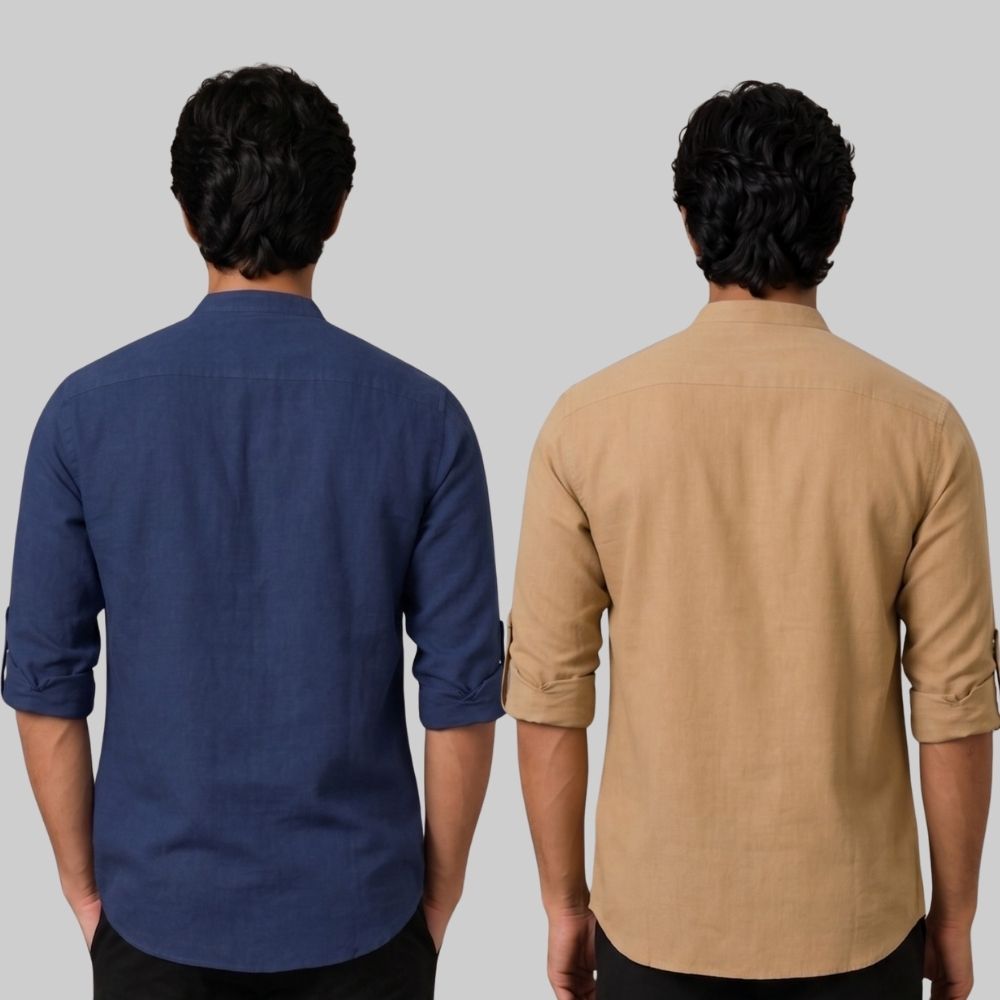 Combo of 2 Linen Solid Short Kurta Navy Blue and Dark Beige-51085