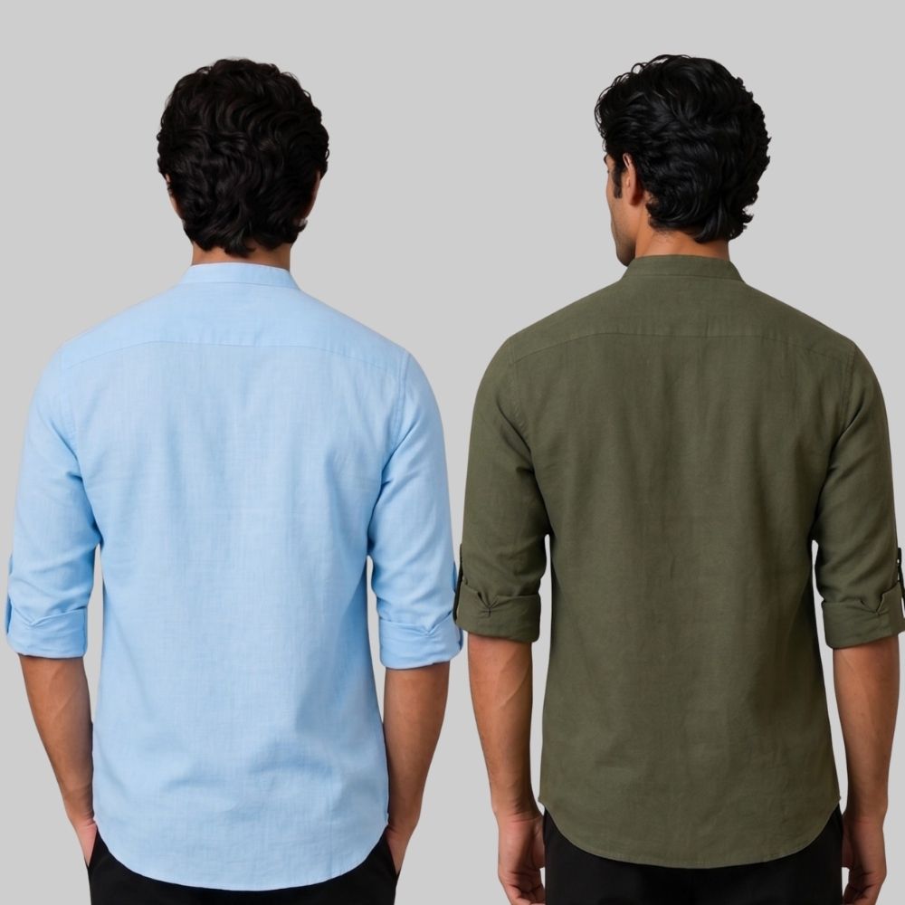 Combo of 2 Linen Solid Short Kurta Sky Blue and Army Green-51048