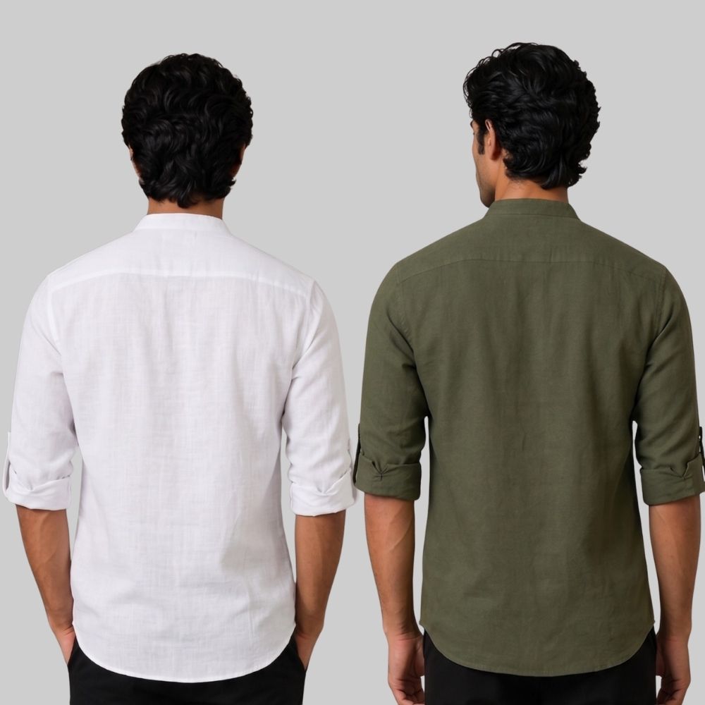 Combo of 2 Linen Solid Short Kurta White and Army Green-51037