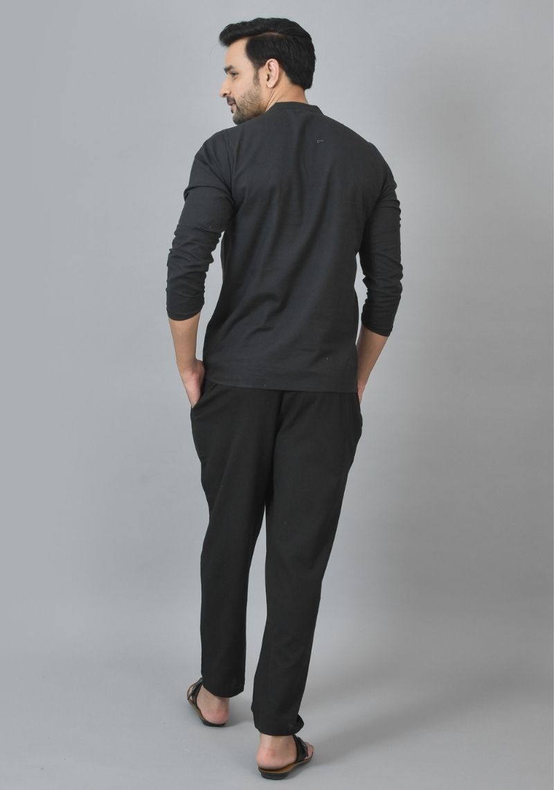 Men Cotton Solid Co-ord Set Black-25732
