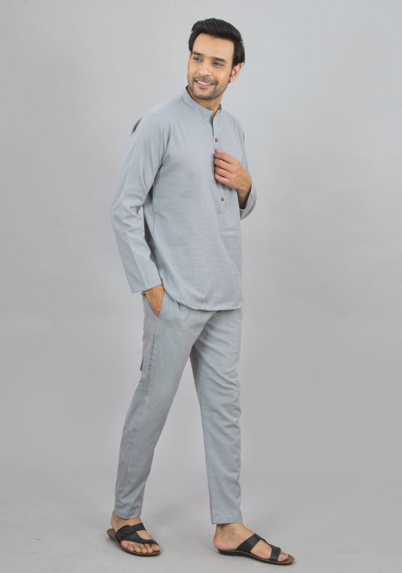 Men Cotton Shirt Solid Co-ord Set Light Gray-47319