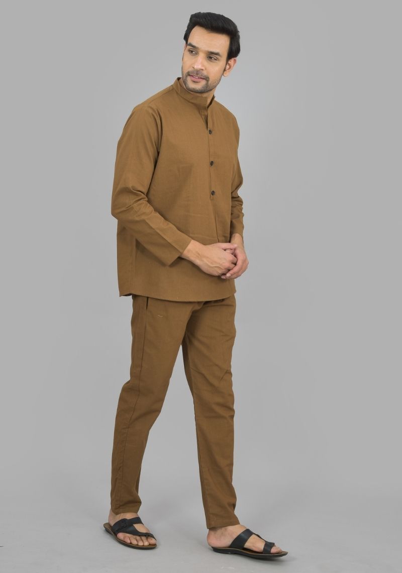 Men Cotton Solid Co-ord Set Brown-47328