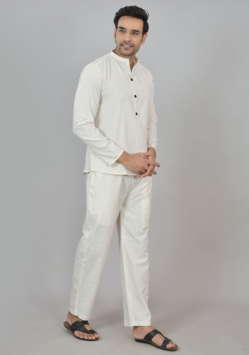 Men Cotton Stripe Co-ord Set White Red-48602