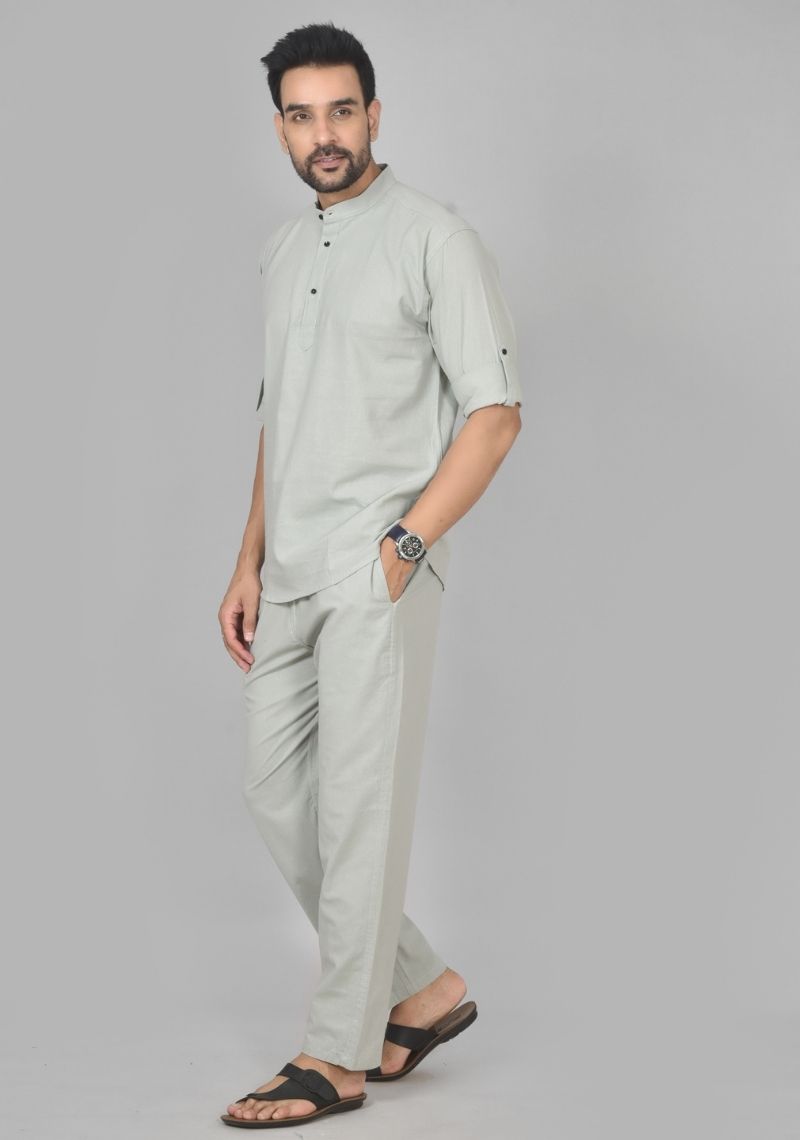 Men Cotton Solid Co-ord Set Light Gray-50210