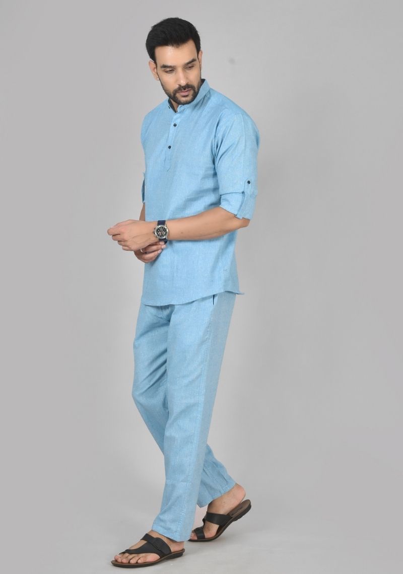 Men Cotton Solid Co-ord Set Sky Blue-50220