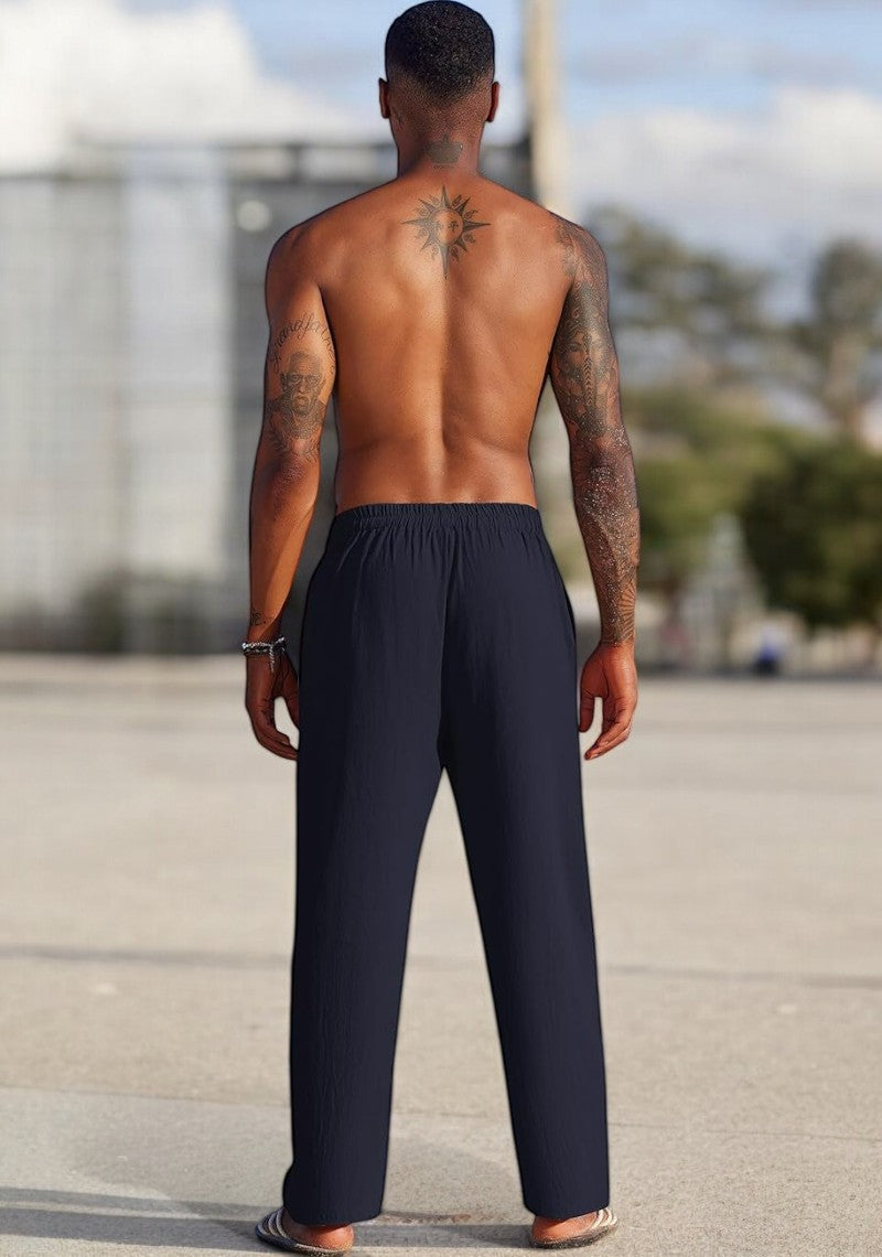 Navy Blue Linen Loose Fit Men Pant-49495