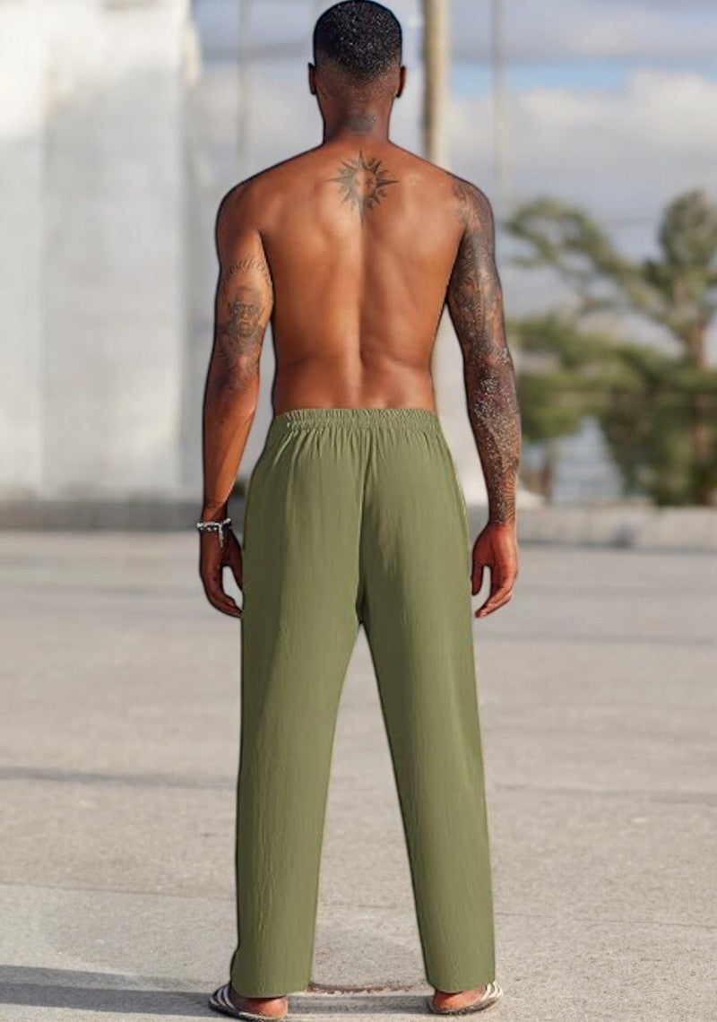 Olive Green Linen Loose Fit Men Pant-49503