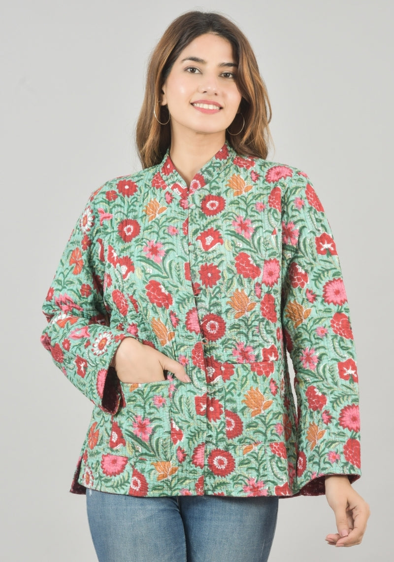 Reversible Full Sleeves Cotton Block Printed Quilted Jacket Green and Red-49229