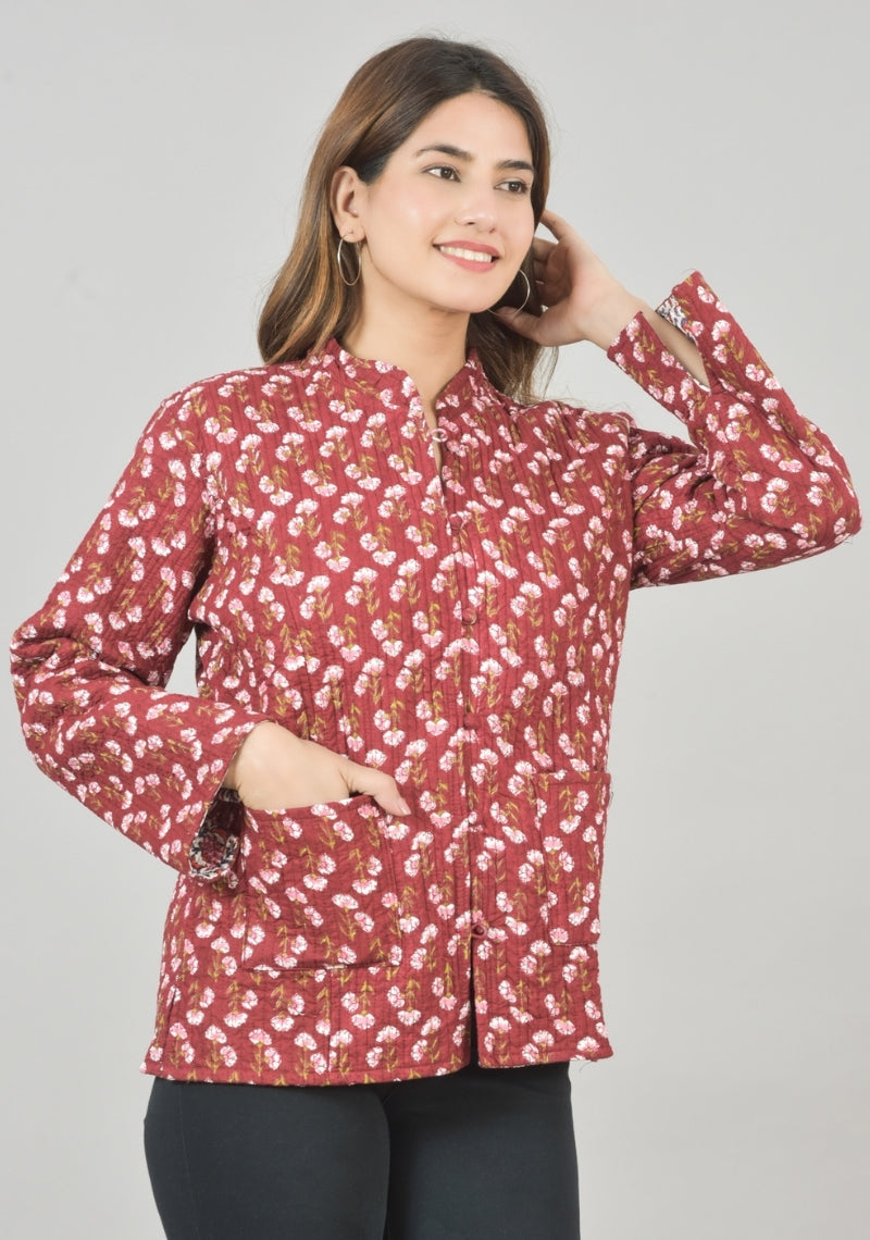 Reversible Full Sleeves Cotton Block Printed Quilted Jacket Red and White-49231