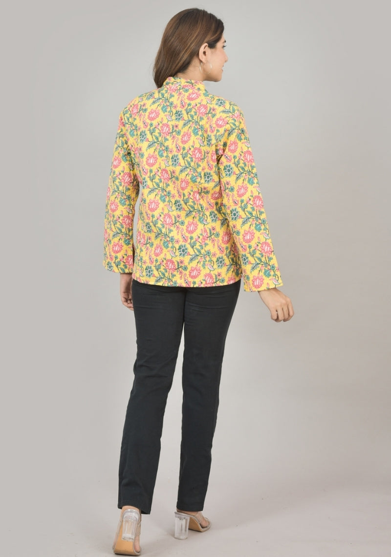 Reversible Full Sleeves Cotton Block Printed Quilted Jacket Yellow and Pink-49237