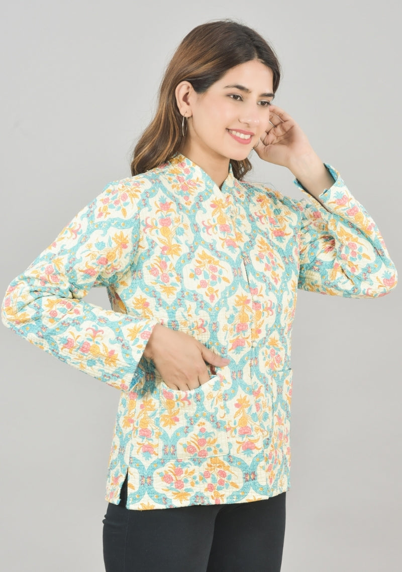 Reversible Full Sleeves Cotton Block Printed Quilted Jacket Yellow and Sky Blue-49268