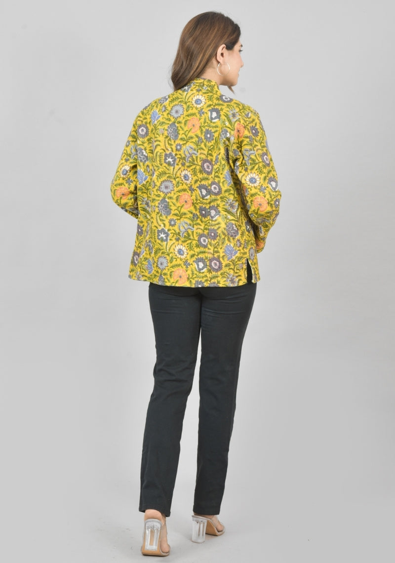 Reversible Full Sleeves Cotton Block Printed Quilted Jacket Yellow and White-49235