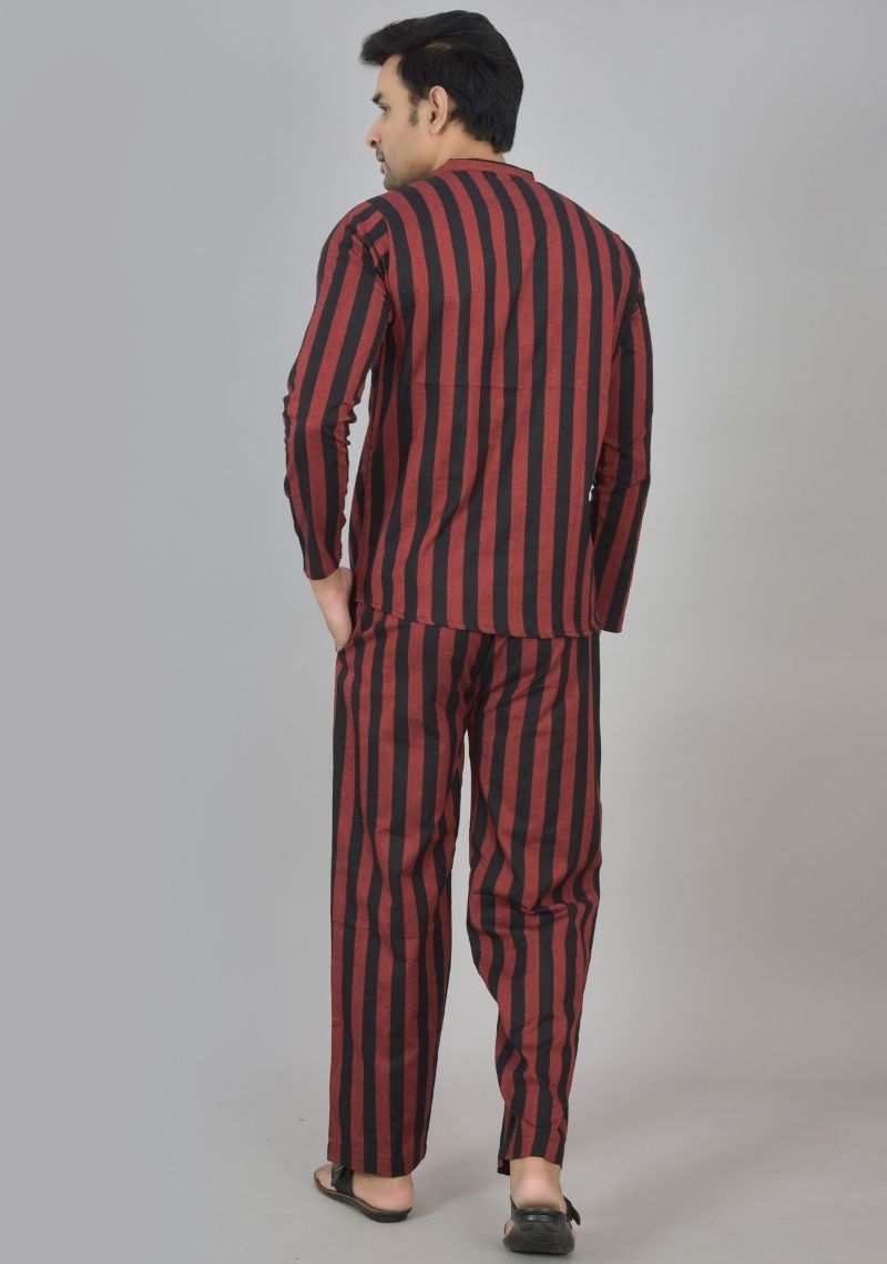 Men Cotton Stripe Co-ord Set Wine Black-48585