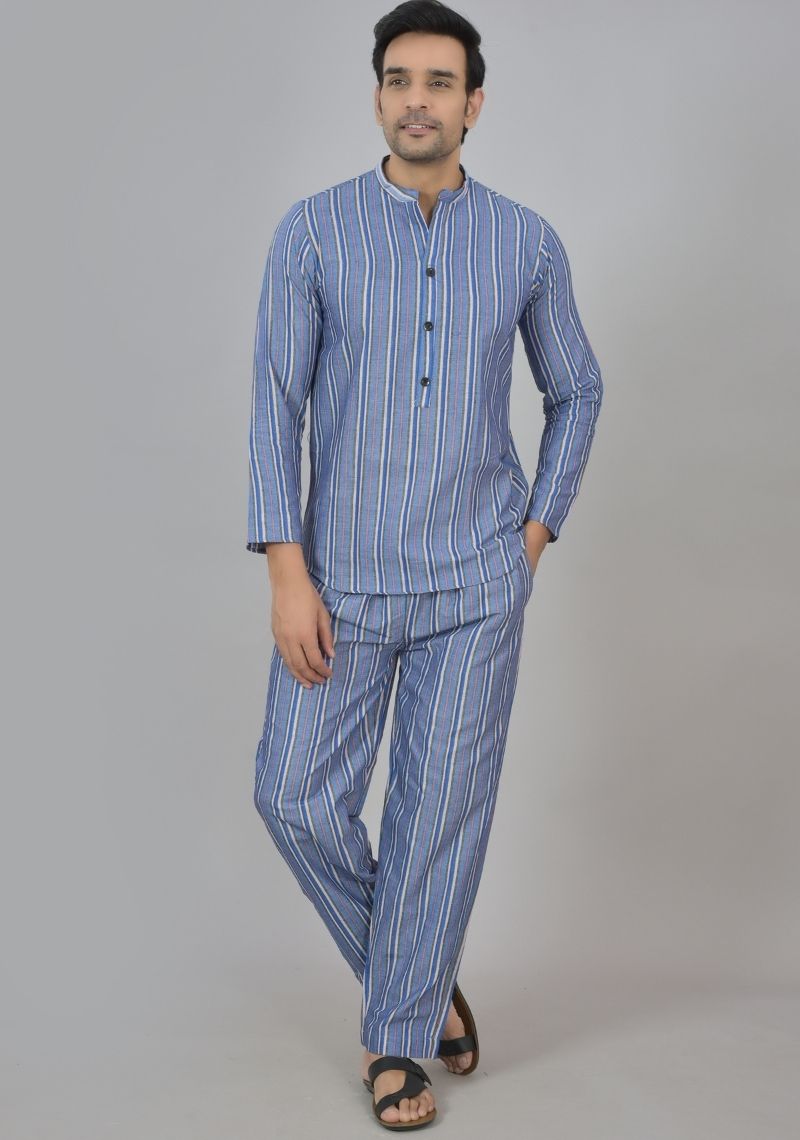 Men Cotton Stripe Co-ord Set Blue Black-48594