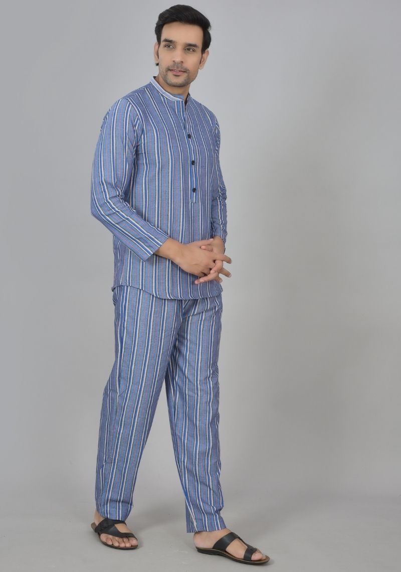 Men Cotton Stripe Co-ord Set Blue Black-48594
