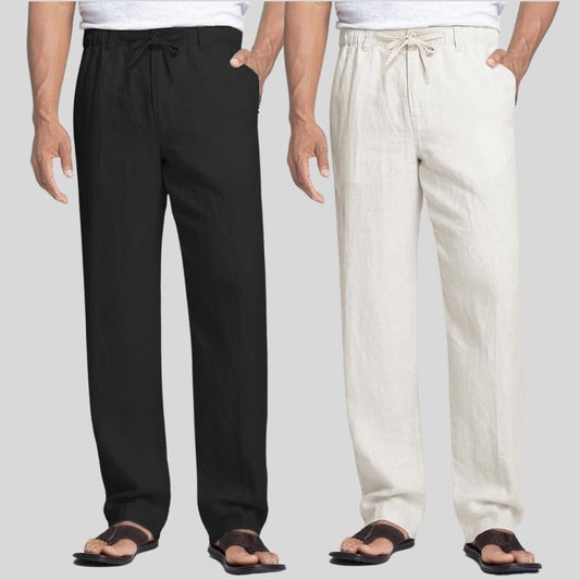 Combo of 2 Black and White Linen Men Pants-47365
