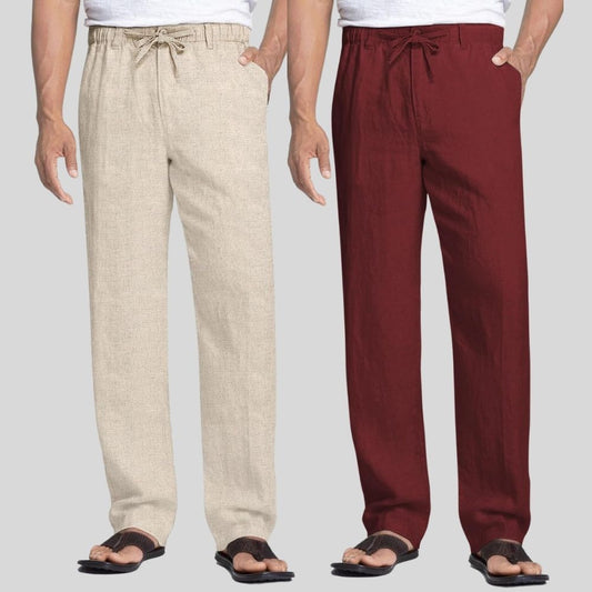 Combo of 2 Beige and Maroon Linen Men Pants-47403