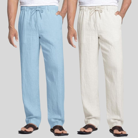 Combo of 2 Sky Blue and White Linen Men Pants-47428