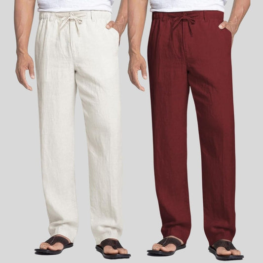 Combo of 2 White and Maroon Linen Men Pants-47437