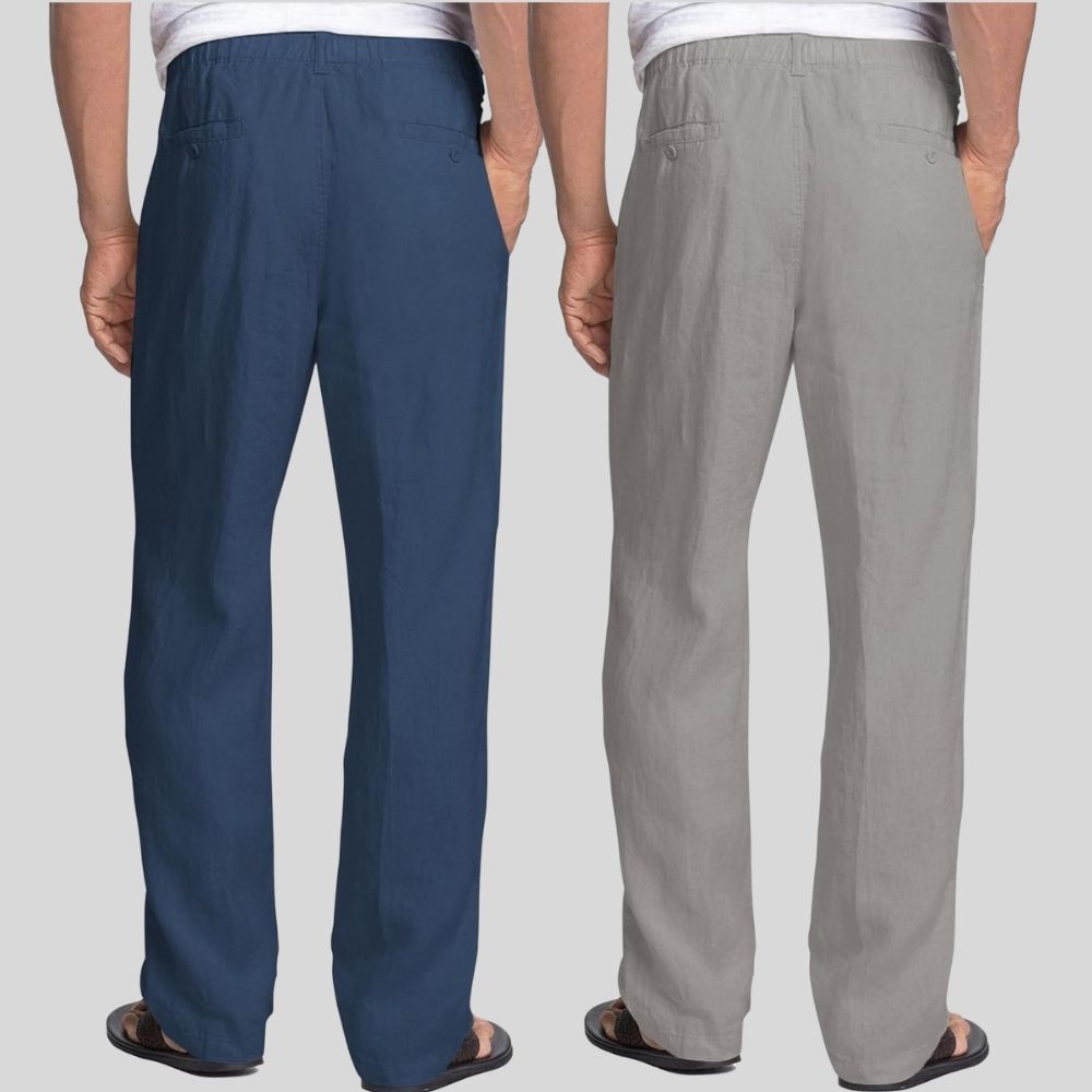 Combo of 2 Teal Blue and Light Gray Linen Men Pants-47455