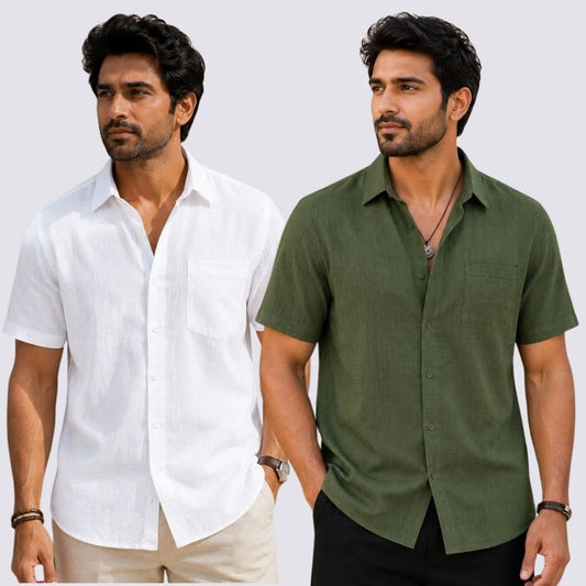 Combo of 2  Linen Half Sleeve Shirt White and Olive Green-51907