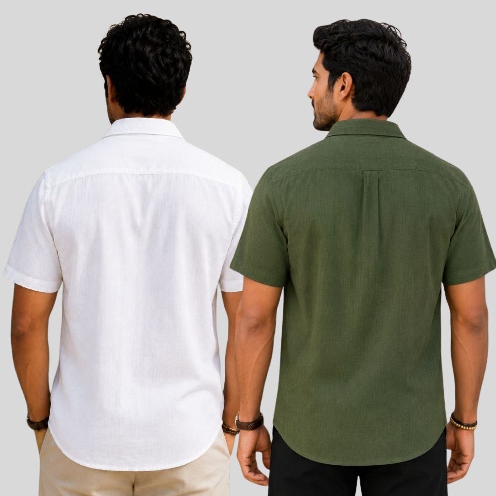 Combo of 2  Linen Half Sleeve Shirt White and Olive Green-51907