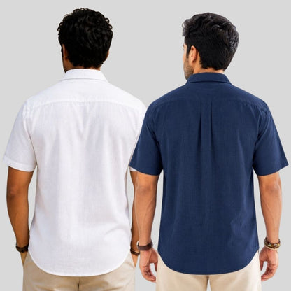Combo of 2  Linen Half Sleeve Shirt White and Navy Blue-51908