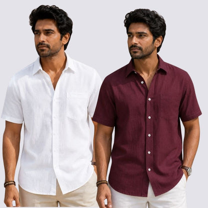 Combo of 2  Linen Half Sleeve Shirt White and Maroon-51909
