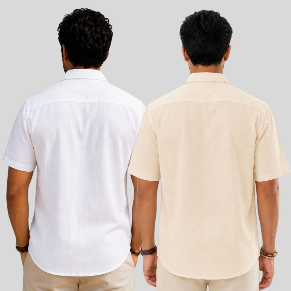 Combo of 2  Linen Half Sleeve Shirt White and Light Beige-51912