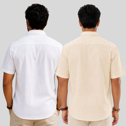 Combo of 2  Linen Half Sleeve Shirt White and Light Beige-51912