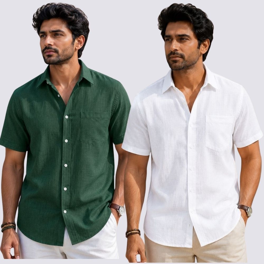 Combo of 2  Linen Half Sleeve Shirt White and Bottle Green-51913