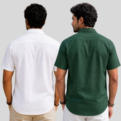 Combo of 2  Linen Half Sleeve Shirt White and Bottle Green-51913