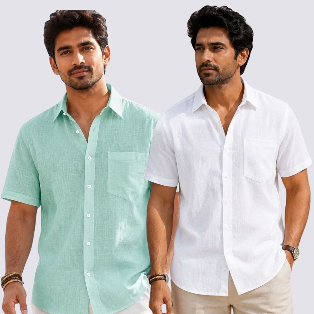 Combo of 2  Linen Half Sleeve Shirt White and Parrot Green-51914