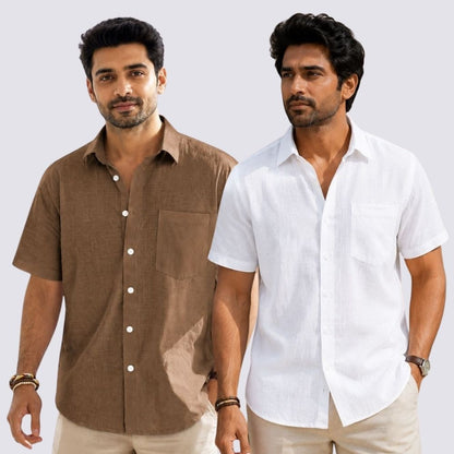 Combo of 2  Linen Half Sleeve Shirt White and Brown-51915
