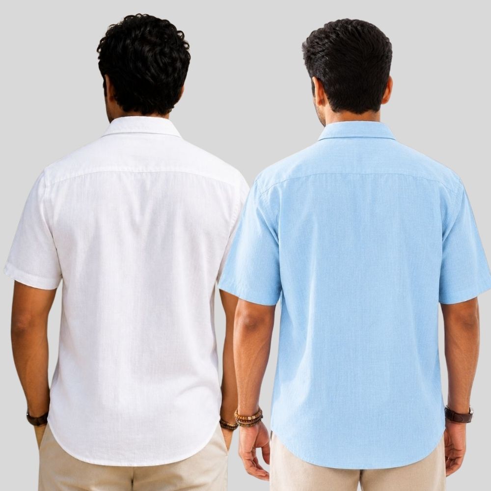 Combo of 2  Linen Half Sleeve Shirt White and Light Blue-51917