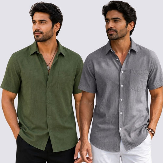 Combo of 2  Linen Half Sleeve Shirt Gray and Olive Green-51921