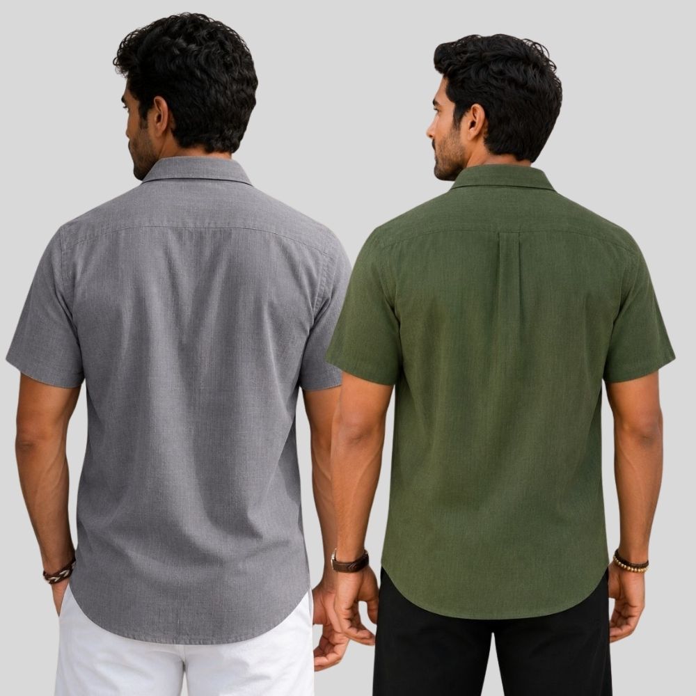 Combo of 2  Linen Half Sleeve Shirt Gray and Olive Green-51921
