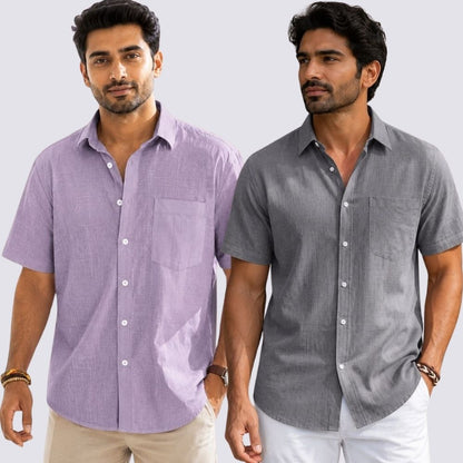 Combo of 2  Linen Half Sleeve Shirt Gray and Purple-51930