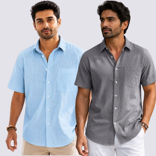 Combo of 2  Linen Half Sleeve Shirt Gray and Light Blue-51931