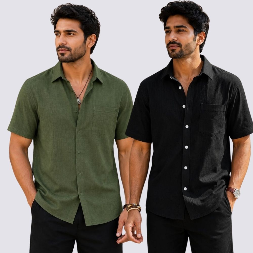 Combo of 2  Linen Half Sleeve Shirt Black and Olive Green-51934