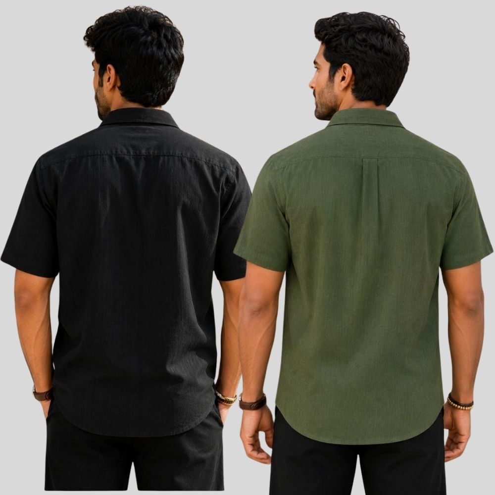 Combo of 2  Linen Half Sleeve Shirt Black and Olive Green-51934