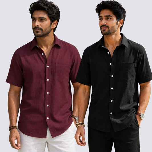 Combo of 2  Linen Half Sleeve Shirt Black and Maroon-51936