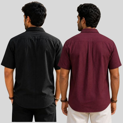 Combo of 2  Linen Half Sleeve Shirt Black and Maroon-51936