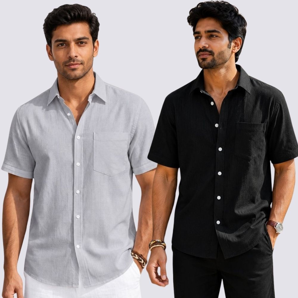 Combo of 2  Linen Half Sleeve Shirt Black and Light Gray-51937
